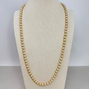 Vintage Champagne Faux Glass Pearl Necklace Knotted Gold Tone Filigree Clasp